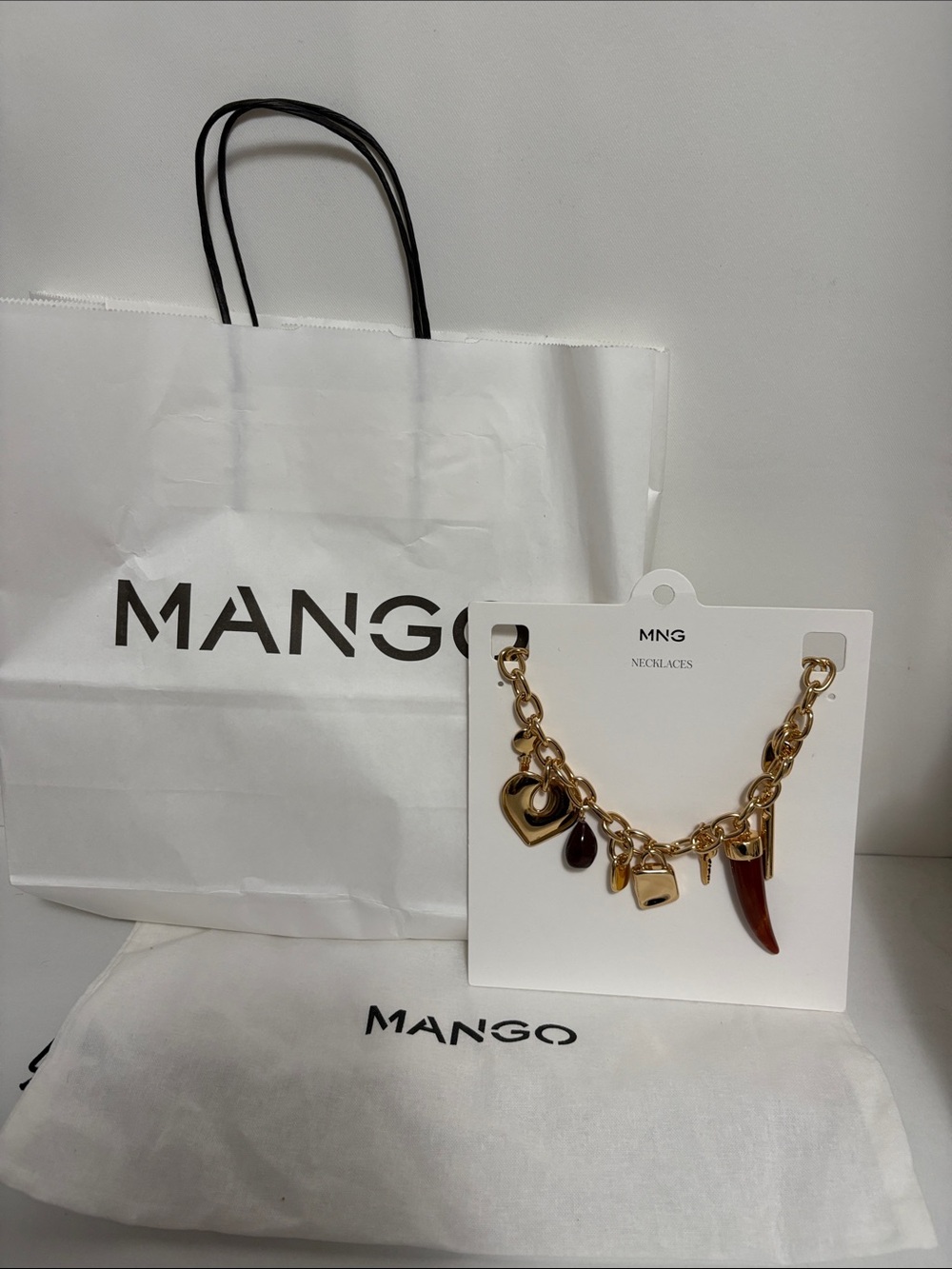 MANGO Gold Charm statement Necklace with Brown & Gold Charms
